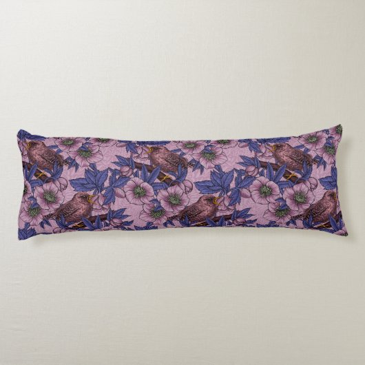 Wren en hellebore, roze en violet lichaamskussen (Achterkant)