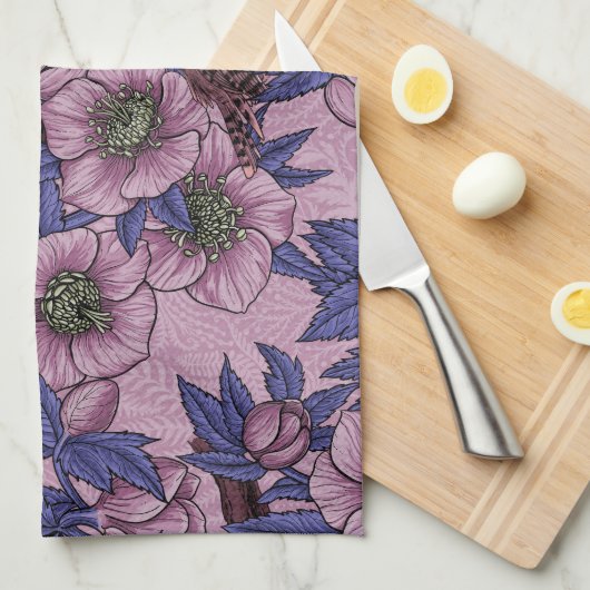 Wren en hellebore, roze en violet theedoek (Quarter Fold)