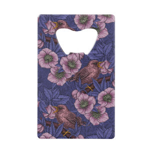 Wren en helleboren, violet en roze kredietkaart flessenopener