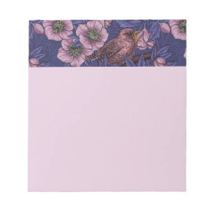 Wren en helleboren, violet en roze notitieblok