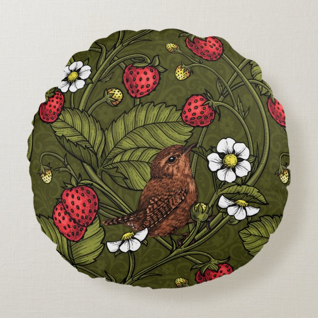 Wrens en aardbeien op donkergroen rond kussen (Voorkant)