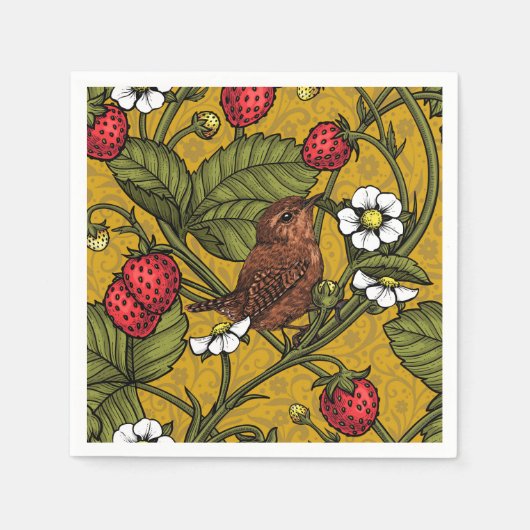 Wrens en aardbeien op mosterd servet (Voorkant)