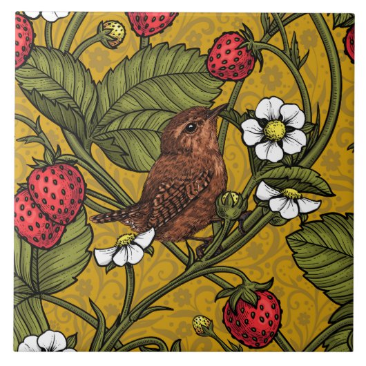 Wrens en aardbeien op mosterd tegeltje (Voorkant)