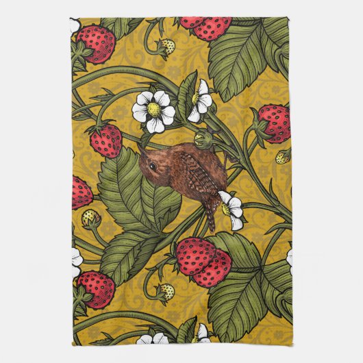 Wrens en aardbeien op mosterd theedoek (Verticaal)