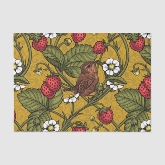 Wrens en aardbeien op mosterd tissuepapier (Voorkant)