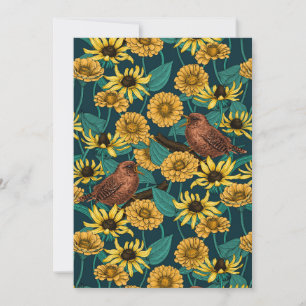 Wrens en bloemen op donkerblauw