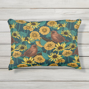 Wrens en bloemen op donkerblauw buitenkussen
