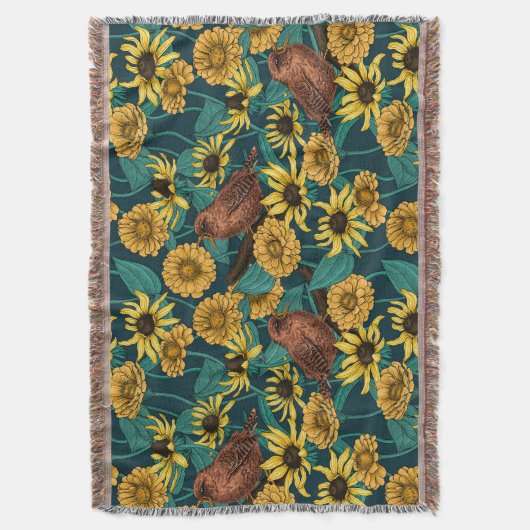 Wrens en bloemen op donkerblauw deken (Voorkant Verticaal)