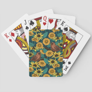 Wrens en bloemen op donkerblauw pokerkaarten