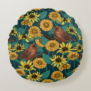 Wrens en bloemen op donkerblauw rond kussen