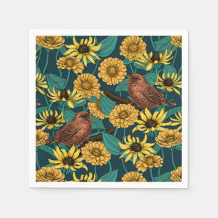 Wrens en bloemen op donkerblauw servet