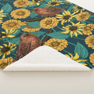 Wrens en bloemen op donkerblauw sherpa deken