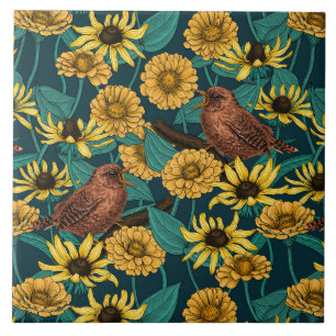 Wrens en bloemen op donkerblauw tegeltje