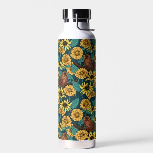 Wrens en bloemen op donkerblauw waterfles (Links)