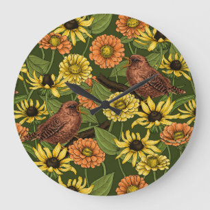 Wrens en bloemen op groen grote klok