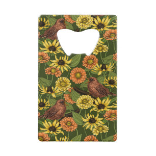 Wrens en bloemen op groen kredietkaart flessenopener