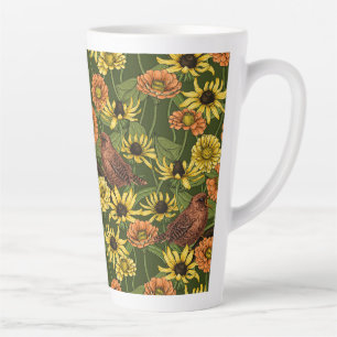 Wrens en bloemen op groen latte mok