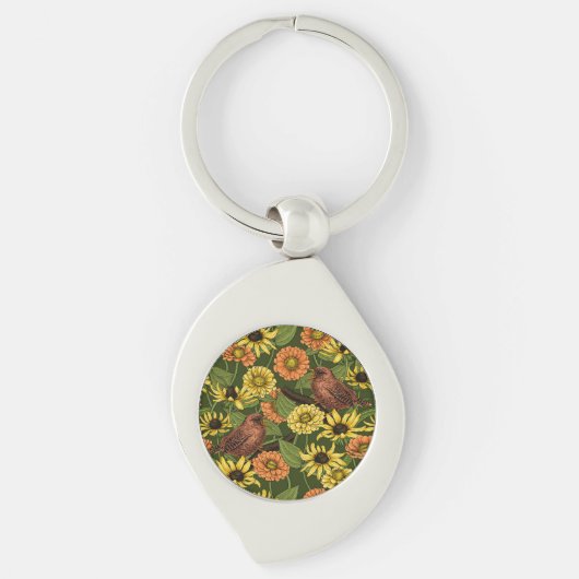 Wrens en bloemen op groen sleutelhanger (Voorkant)
