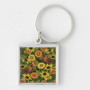 Wrens en bloemen op groen sleutelhanger
