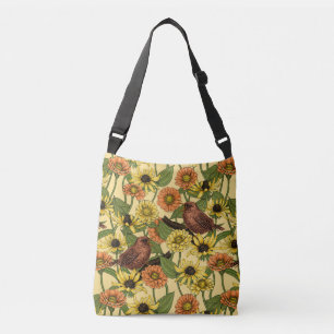 Wrens en bloemetjes op bord geel crossbody tas