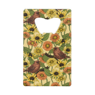 Wrens en bloemetjes op bord geel kredietkaart flessenopener