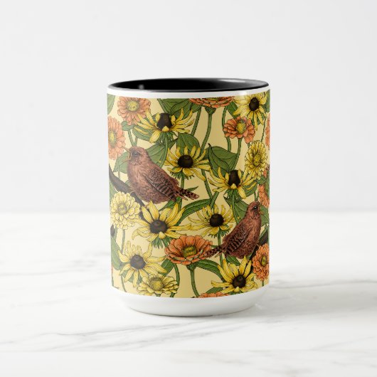 Wrens en bloemetjes op bord geel mok (Midden)