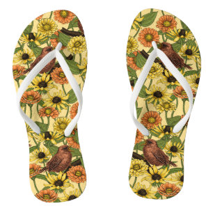 Wrens en bloemetjes op bord geel teenslippers