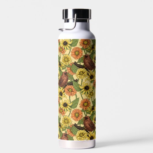 Wrens en bloemetjes op bord geel waterfles (Rechts)