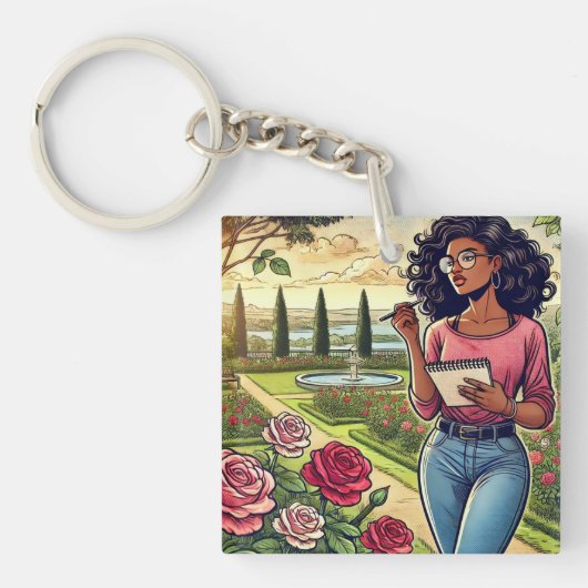 Writer in rose garden keychain (Voorkant)