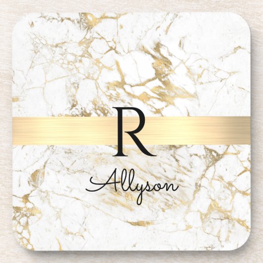 Wu & Gold Marble Gold Bar, DIY Black Name Monogram Bier Onderzetter (Voorkant)