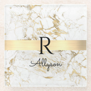 Wu & Gold Marble Gold Bar, DIY Black Name Monogram Glazen Onderzetter