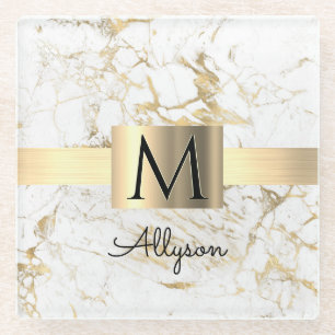 Wu & Gold Marble Gold Box, DIY Black Name Monogram Glazen Onderzetter
