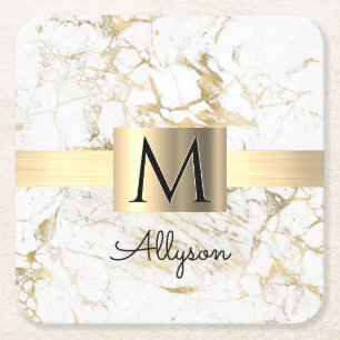 Wu & Gold Marble Gold Box, DIY Black Name Monogram Vierkante Kartonnen Onderzetter