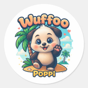 Wuffoo Poppi Schattige Kawaii Hond Tropisch Eiland Ronde Sticker