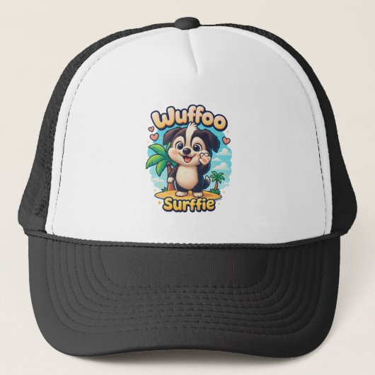 Wuffoo Surffie Cute Kawaii Puppy Tropical Island Trucker Pet (Voorkant)