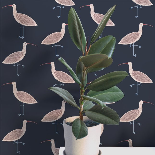 Wulp vogel kustpatroon behang (Curlew coastal bird pattern dark charcoal gray art peel and stick wallpaper)
