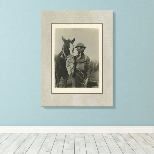 WW1 Soldaat en paard met gasmaskers Canvas Afdruk (Insitu (Houten vloer))