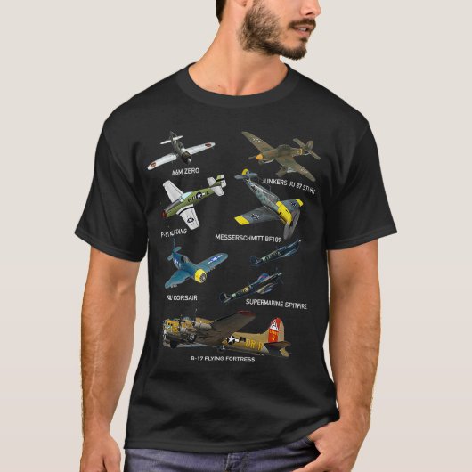 WW2 Vliegtuigen P51 Mustang Spitfire Messersch T-shirt (Voorkant)