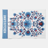 Wycinanki Lowicz ouverture in blauw en rood Theedoek (Horizontaal)