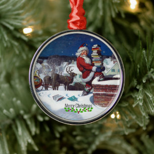 Wyeth - Kerstman bezorgt boeken met Kerstmis. Metalen Ornament