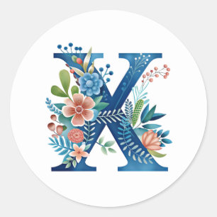 X, blauw monogram met bloemen, AI-gegenereerd, Ronde Sticker