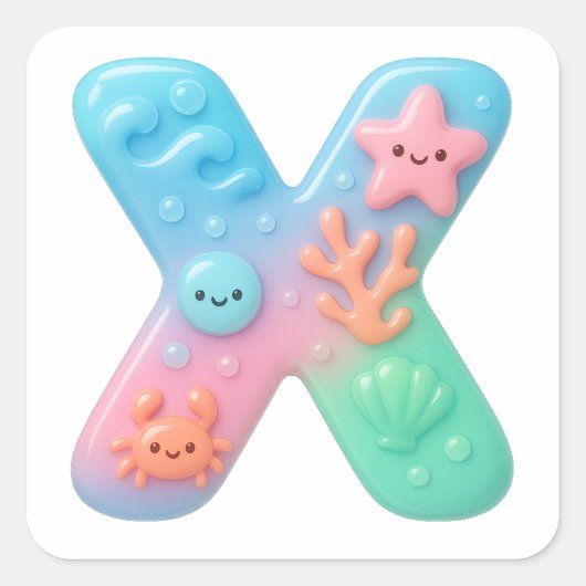 "X" Cute Letter - Underwater Sea Creature  Vierkante Sticker (Voorkant)