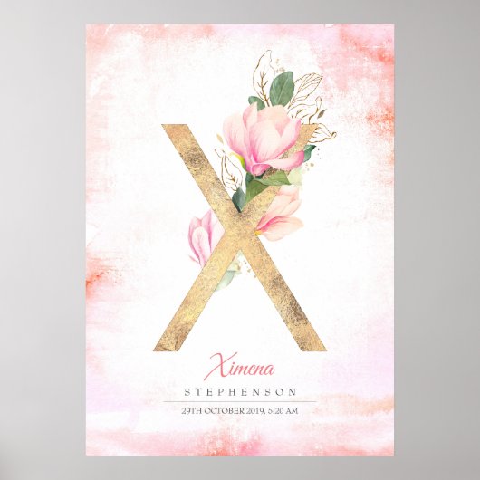 X Letter Monogram Gouden Bladeren Roze Magnolia Bl Poster (Voorkant)