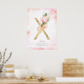 X Letter Monogram Gouden Bladeren Roze Magnolia Bl Poster (Keuken)