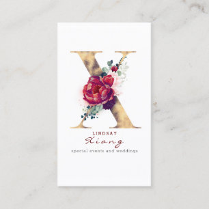 X Monogram Bourgondische rode bloemen en gouden gl Visitekaartje