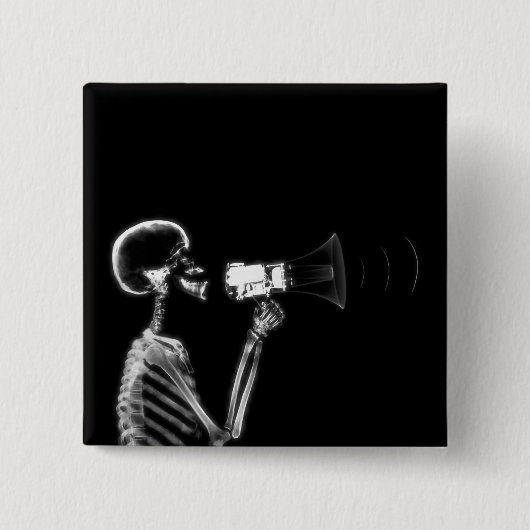 X-RAY SKELETON OP MEGAPHONE - B&W VIERKANTE BUTTON 5,1 CM (Voorkant)