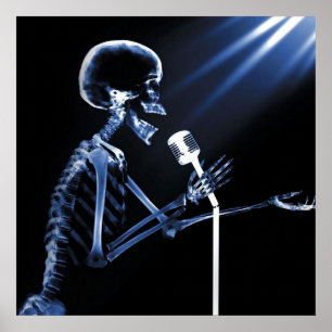 X-RAY VISION SKELETON SINGON ON ON RETRO MIC - BLU POSTER