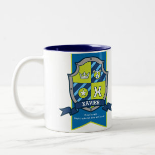 Xavier letter X crest blauw groene naam betekenis Tweekleurige Koffiemok