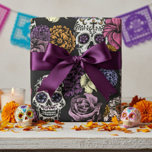XL Kleurrijke Mexicaanse Schedels Bloemen Zwart Cadeaupapier