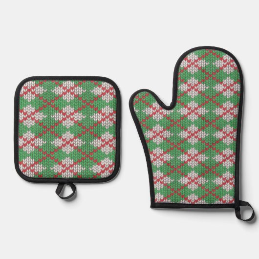 XMAS ARGYLE GEBREIDE Oven Mitt & Pottenhouder Set (Voorkant)